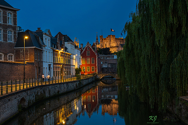 Historic center of Ghent at blue hour. .