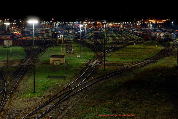 Rail freight station at night.